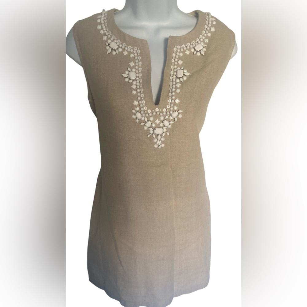 MICHAEL Michael Kors Beige Embroidered Tunic Dress - 6 tan , beaded , all linen